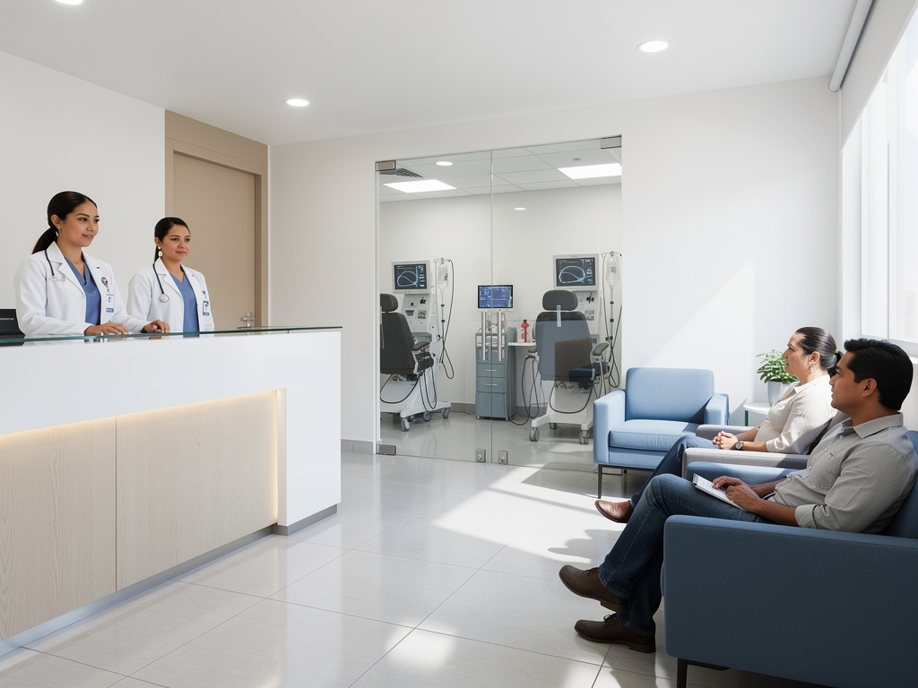 Recepción de clínica moderna con personal médico, pacientes en sala de espera y consultorio equipado al fondo Recepción de clínica moderna con personal médico, pacientes en sala de espera y consultorio equipado al fondo