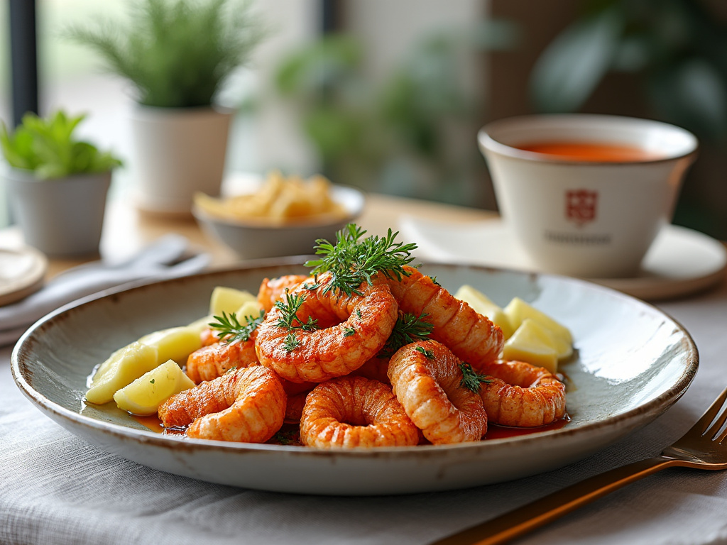 Plato de camarones cocidos con trozos de limón y hierbas frescas, acompañado de una taza de sopa y plantas decorativas al fondo. Plato de camarones cocidos con trozos de limón y hierbas frescas, acompañado de una taza de sopa y plantas decorativas al fondo.