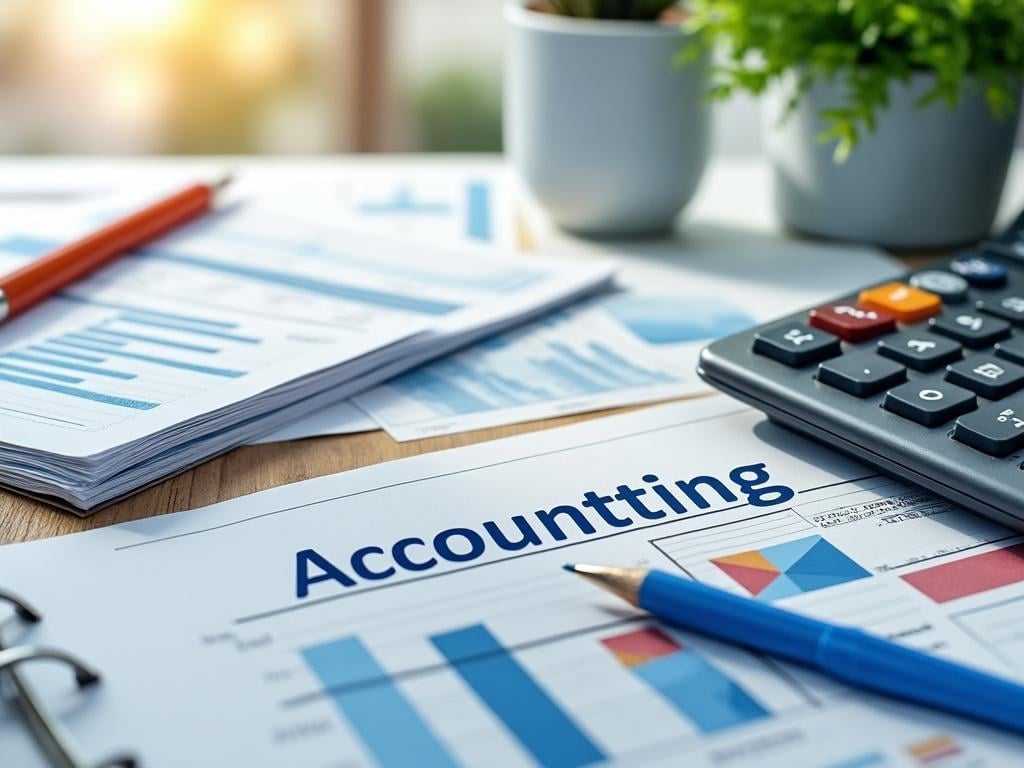 Documentos de contabilidad con gráficos financieros, calculadora y bolígrafo sobre escritorio de oficina