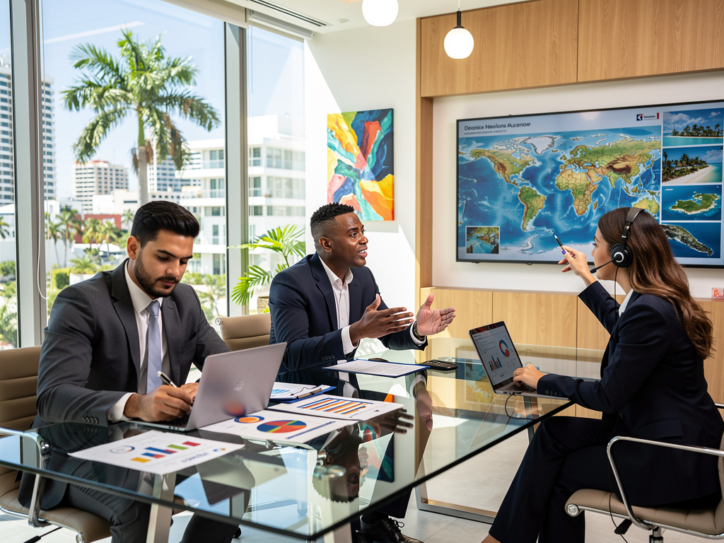 Reunión de negocios en oficina moderna con mapa mundial, profesionales analizando gráficos y planificación internacional Reunión de negocios en oficina moderna con mapa mundial, profesionales analizando gráficos y planificación internacional