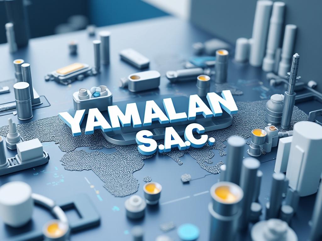 Render 3D de edificios industriales con el texto 'Yamalan S.A.C.' en primer plano sobre un mapa del mundo.
