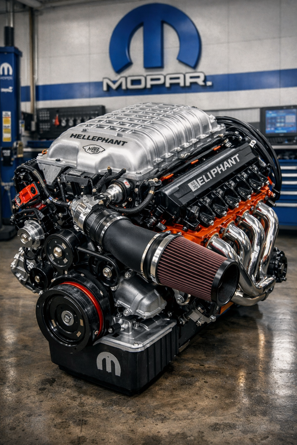 Motor Mopar Hellephant V8 de alto rendimiento en taller mecánico.