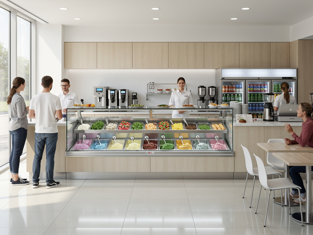 Interior moderno de cafetería heladería con vitrina de gelatos, barra de ensaladas, bebidas refrigeradas y clientes