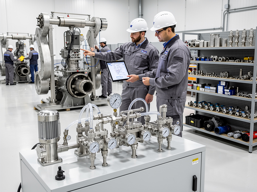Ingenieros con cascos inspeccionan equipos hidráulicos industriales y manómetros en taller de fabricación