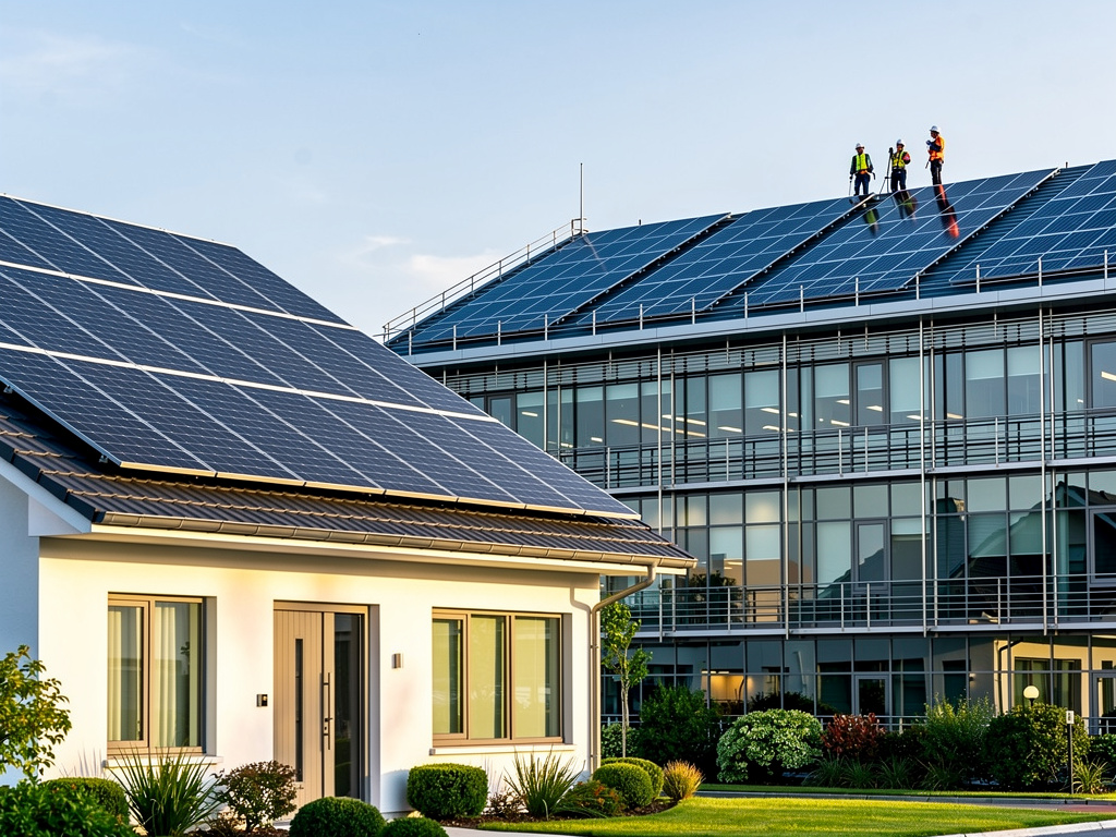 Paneles solares en tejados de vivienda y edificio moderno con técnicos instalando energía solar