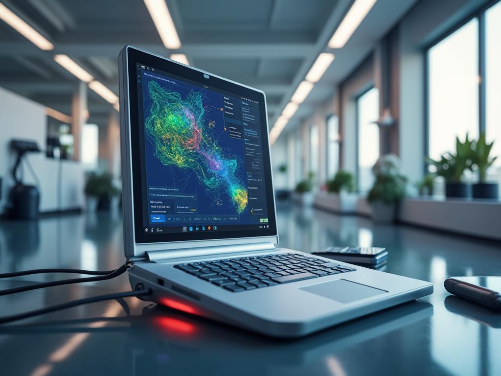Portátil moderno con visualización de datos en pantalla, situado en una oficina luminosa con plantas.