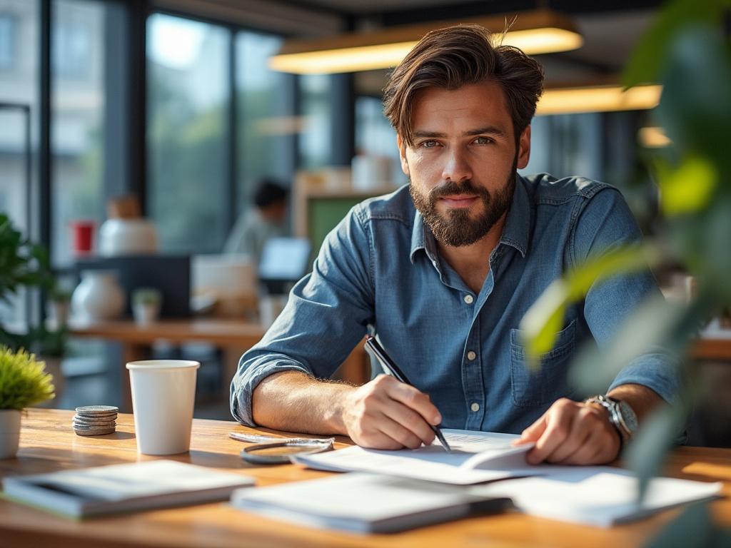 Hombre escribiendo en una oficina moderna con luz natural, rodeado de plantas y papeles.