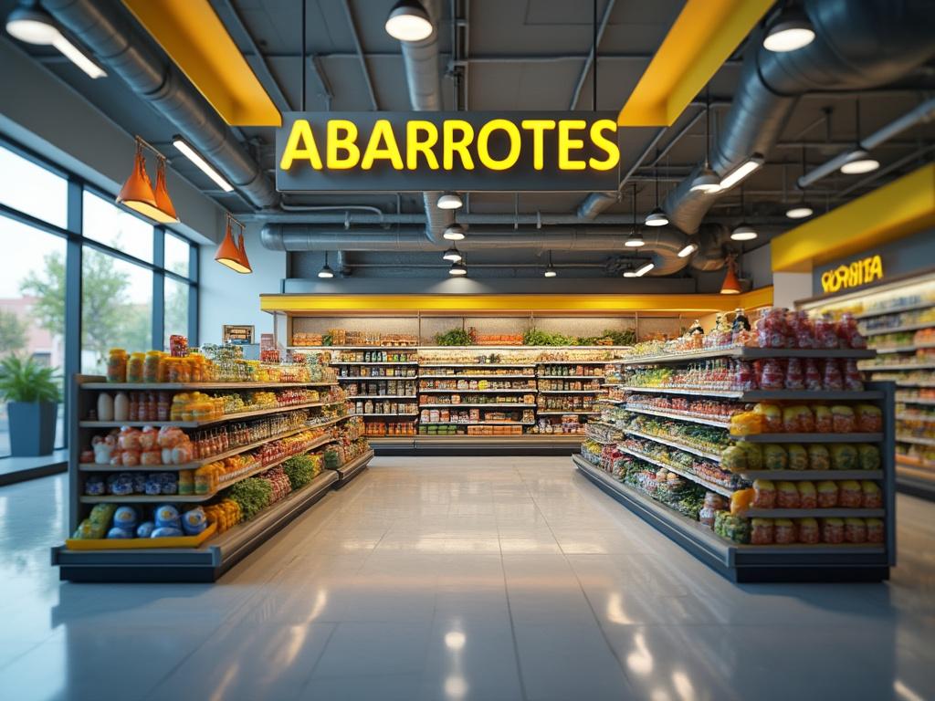 Interior de una tienda de abarrotes moderna con estanterías llenas de productos variados y letrero luminoso.