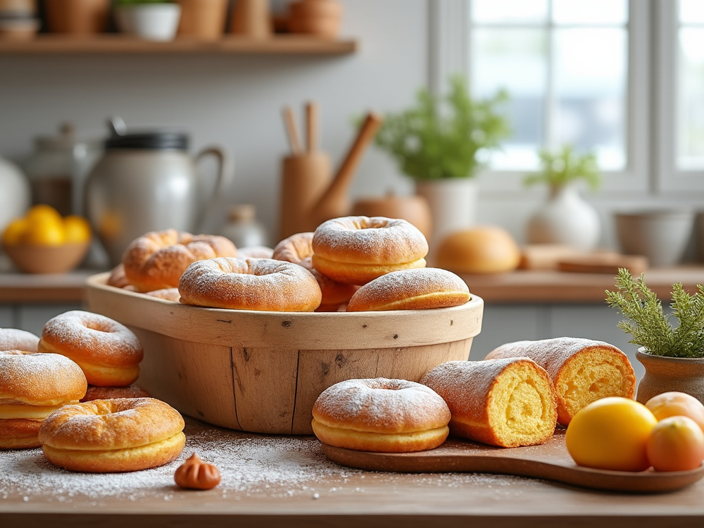 Panecillos dulces recién horneados cubiertos de azúcar en una mesa de cocina rústica, decorada con frutas y plantas.
