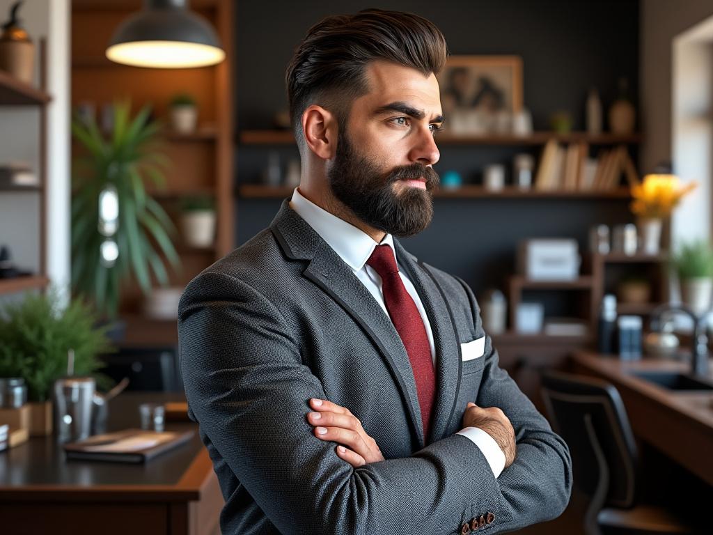 Confident businessman with beard in modern office setting, wearing a gray suit and red tie, with arms crossed.