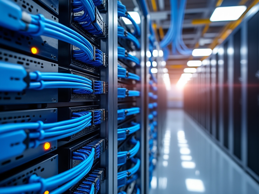 Modern data center with rows of servers and blue network cables.