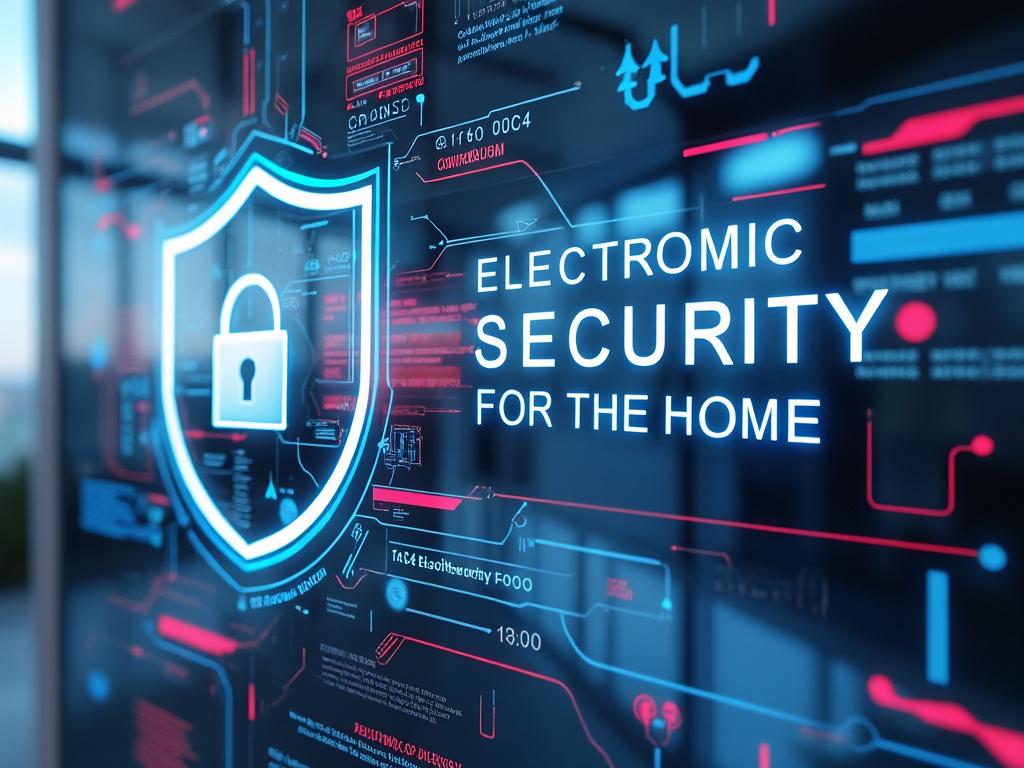 Pantalla digital con el texto 'Electronic Security for the Home' y un icono de candado, representando seguridad electrónica para el hogar.