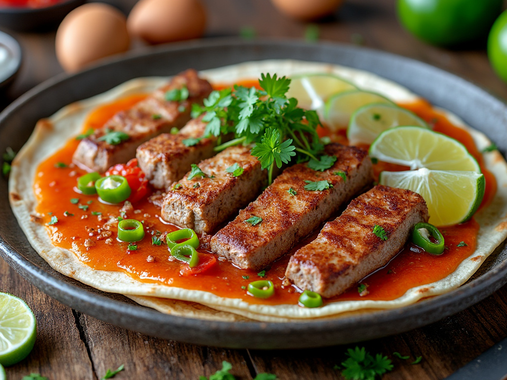 Plato de carne asada en tortilla con salsa roja, rodajas de limón y decorado con perejil y chiles verdes.