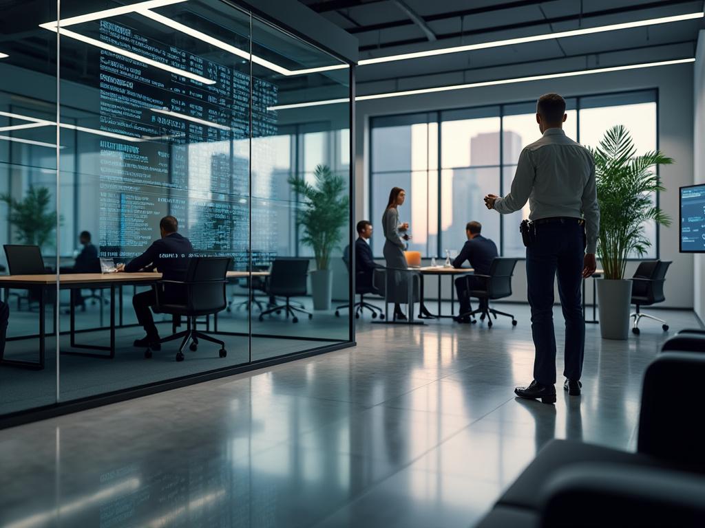 Modern office with glass walls, people collaborating on laptops, digital data overlay on windows.