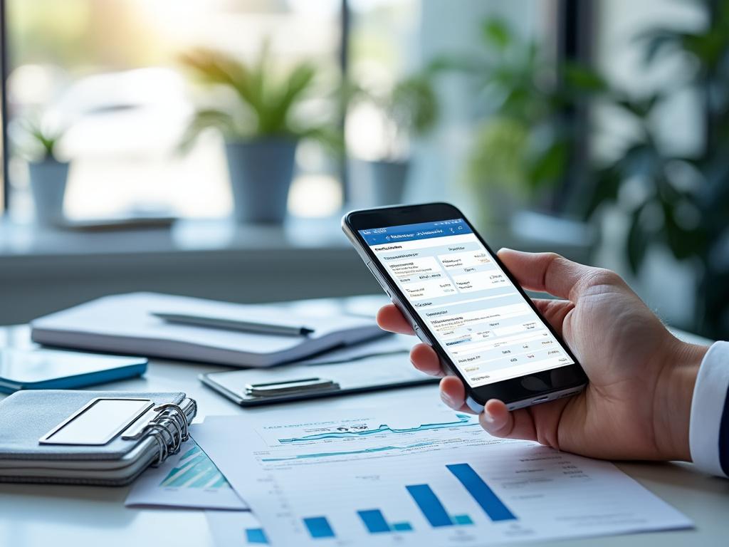 Persona sosteniendo un teléfono móvil mostrando gráficos y datos financieros sobre una mesa con documentos y plantas al fondo.