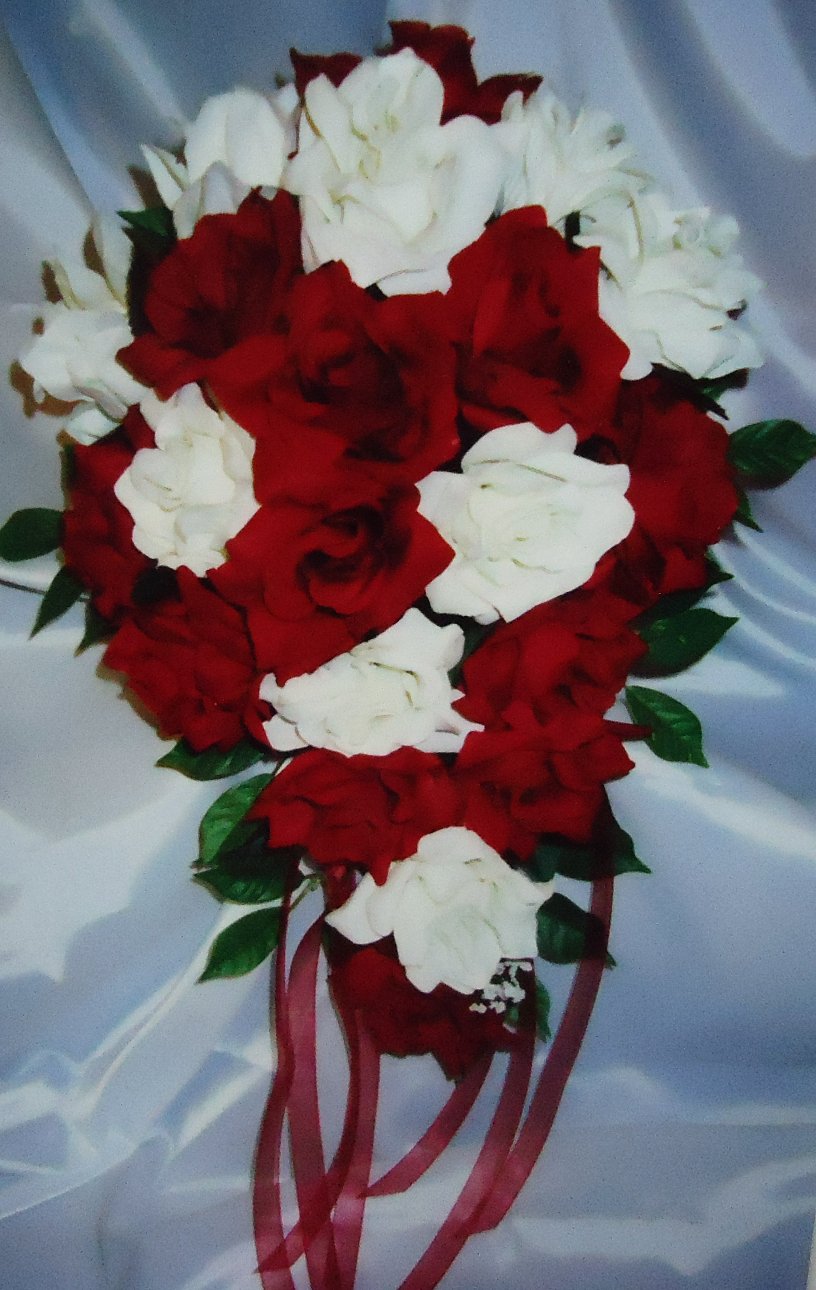 &quot;SILK&quot; Cascading Bouquet
(Red &amp; White Roses)
      $140.00