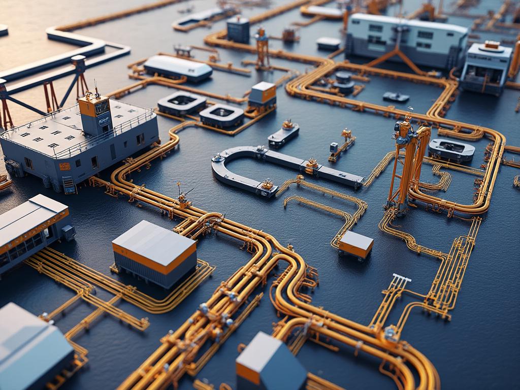 Aerial view of an intricate offshore oil rig system with interconnected pipelines and industrial buildings on water surface.