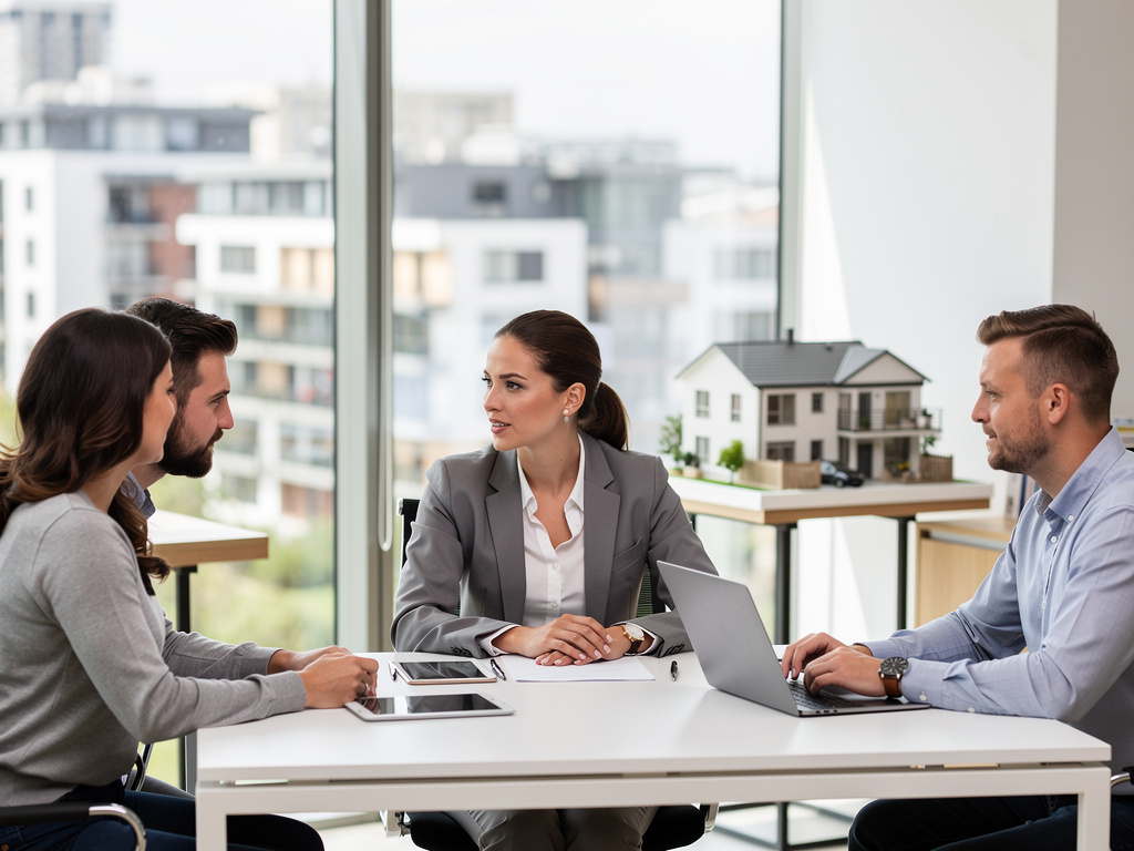 Reunión de agente inmobiliaria con clientes en oficina moderna, con maqueta de casa y portátil sobre la mesa