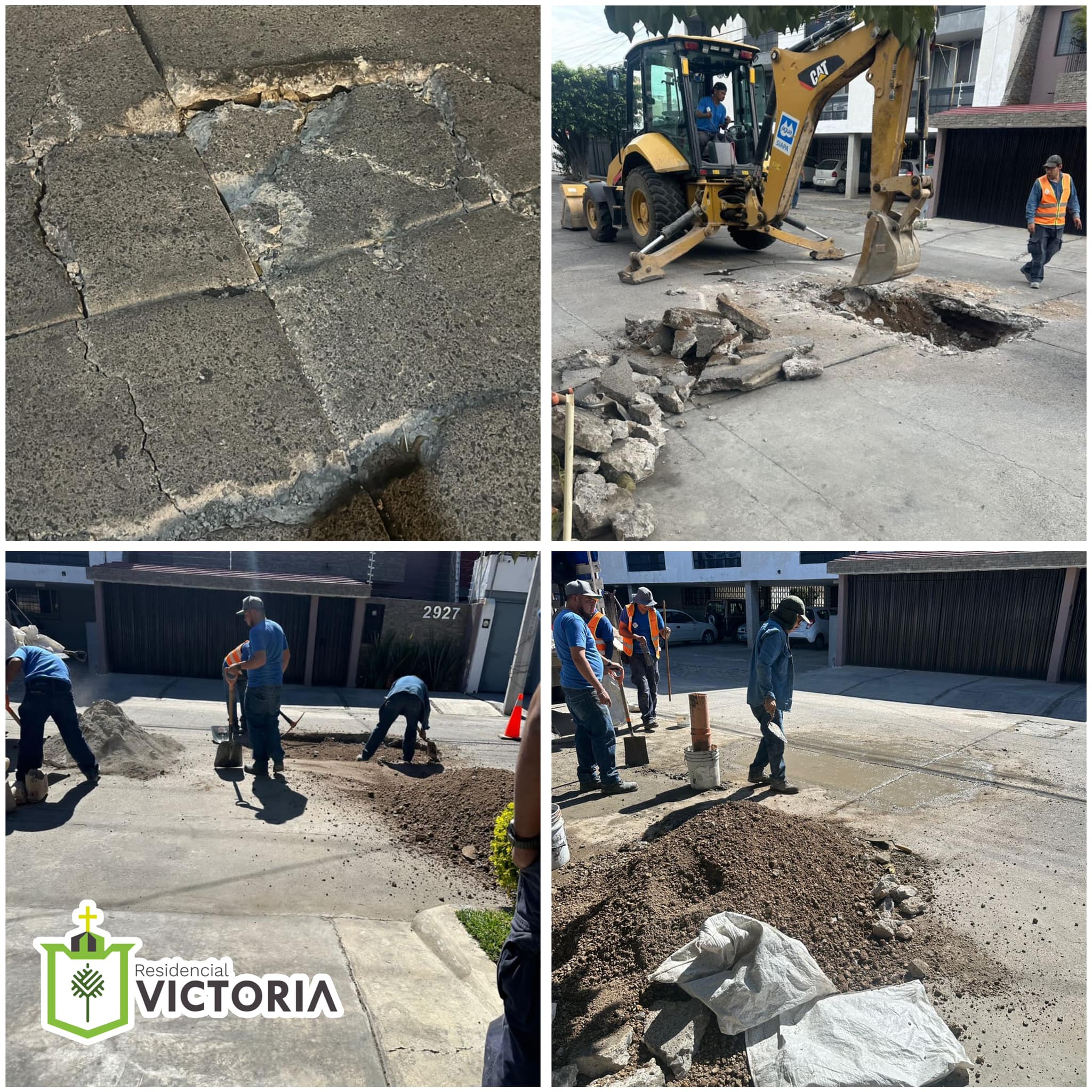 Reparación de pavimento en calle residencial, muestra trabajadores y maquinaria.