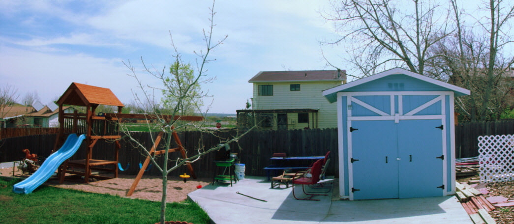 Back yard with Playset and shed
