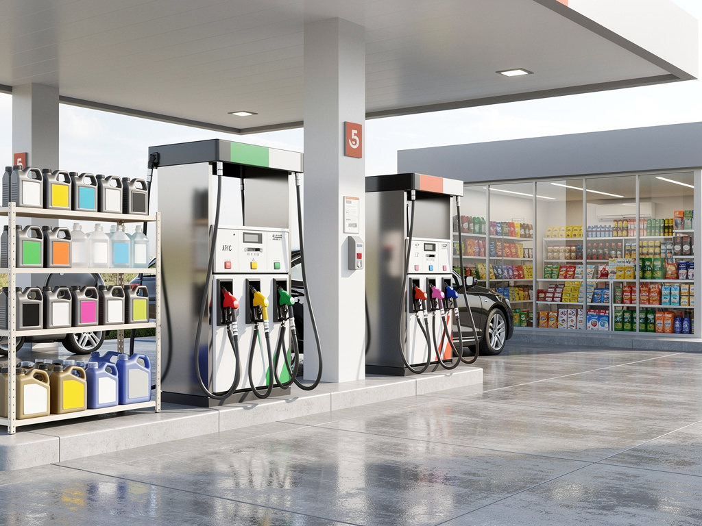 Estación de servicio moderna con surtidores de gasolina, tienda de conveniencia y estantería de aceites para motor
