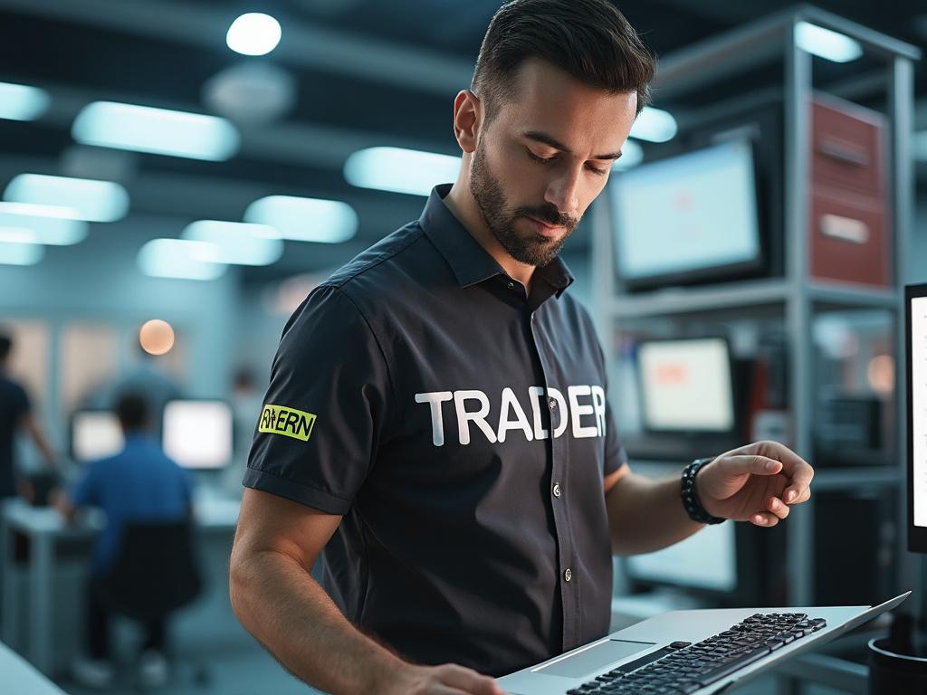 Hombre en oficina moderna trabajando en una laptop, vestido con camisa que dice 'TRADER'.