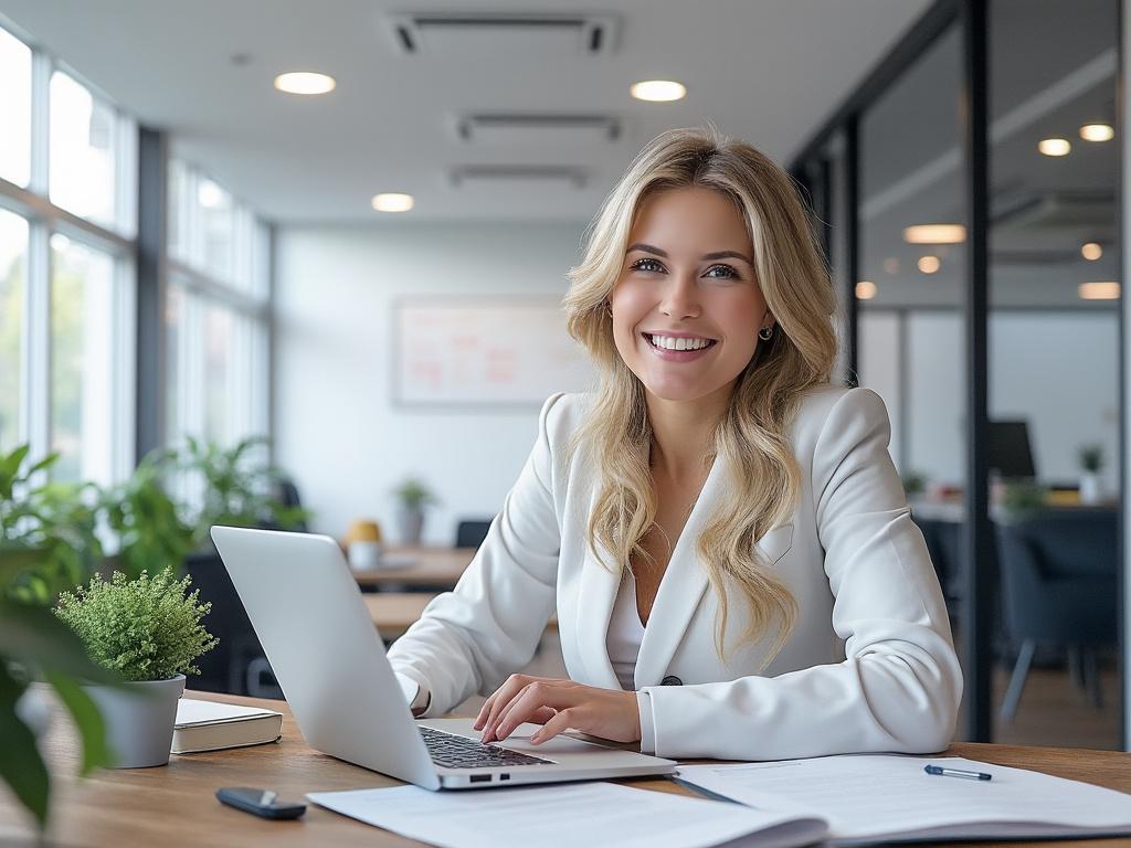 Smiling woman in white blazer working on a laptop in a modern office with large windows and plants.
