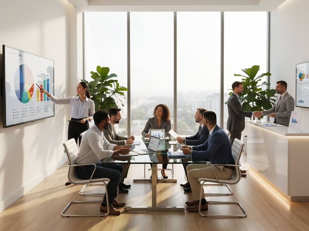 Reunión de negocios moderna con equipo analizando gráficos en pantalla y empresarios estrechando manos en oficina luminosa
