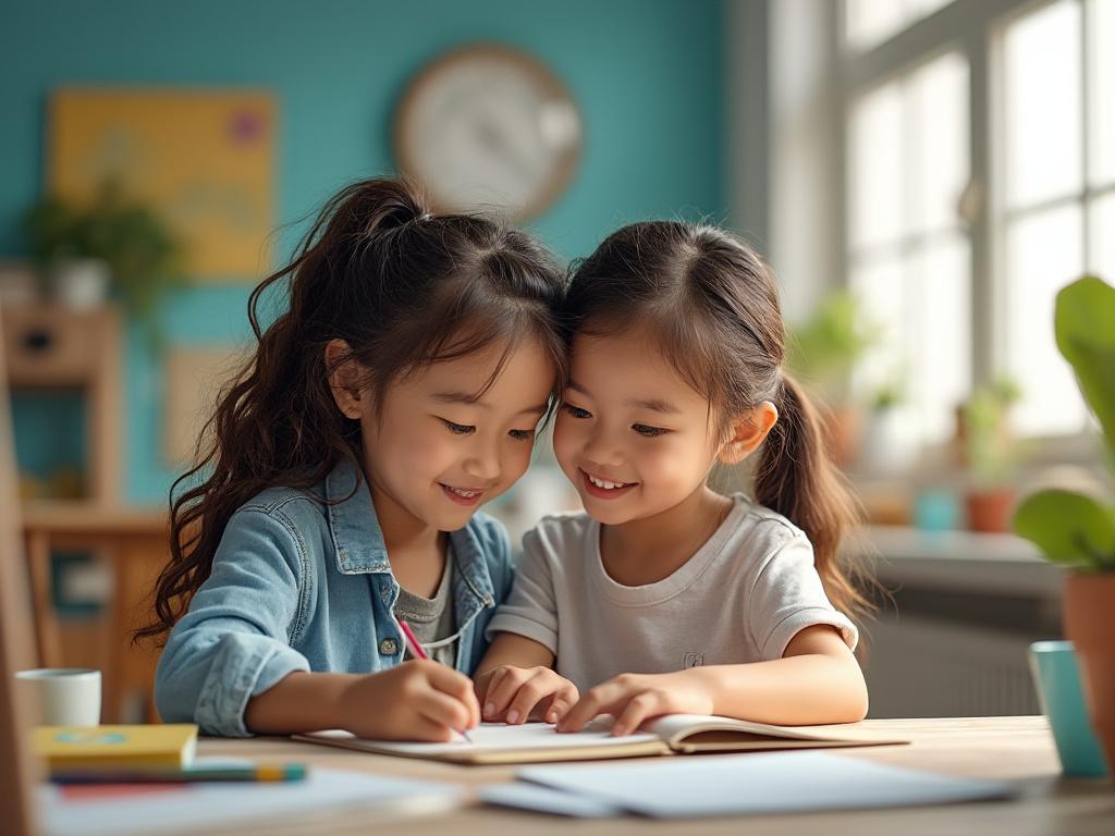 Dos niñas sonrientes escribiendo juntas en un cuaderno en una mesa, rodeadas de plantas en una habitación luminosa.