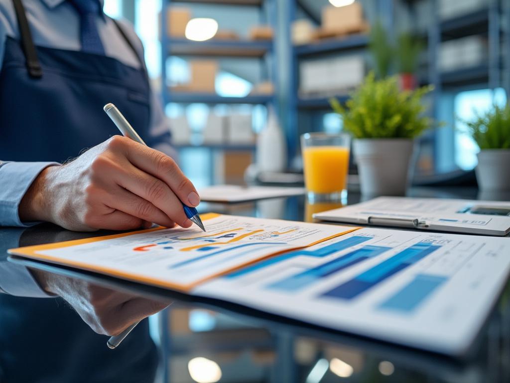 Persona revisando gráficos financieros en un escritorio con un vaso de jugo de naranja y plantas en el fondo.
