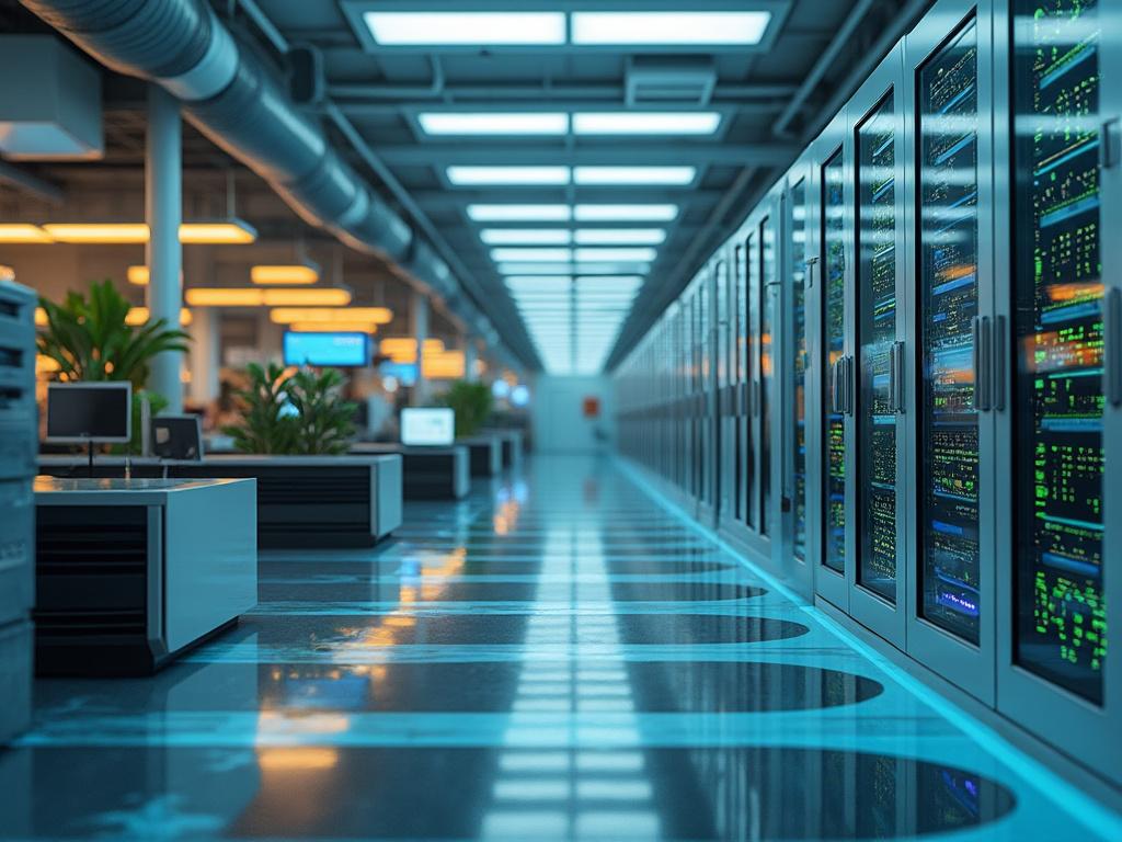 Centro de datos moderno con racks de servidores, luces LED y pasillo tecnológico futurista