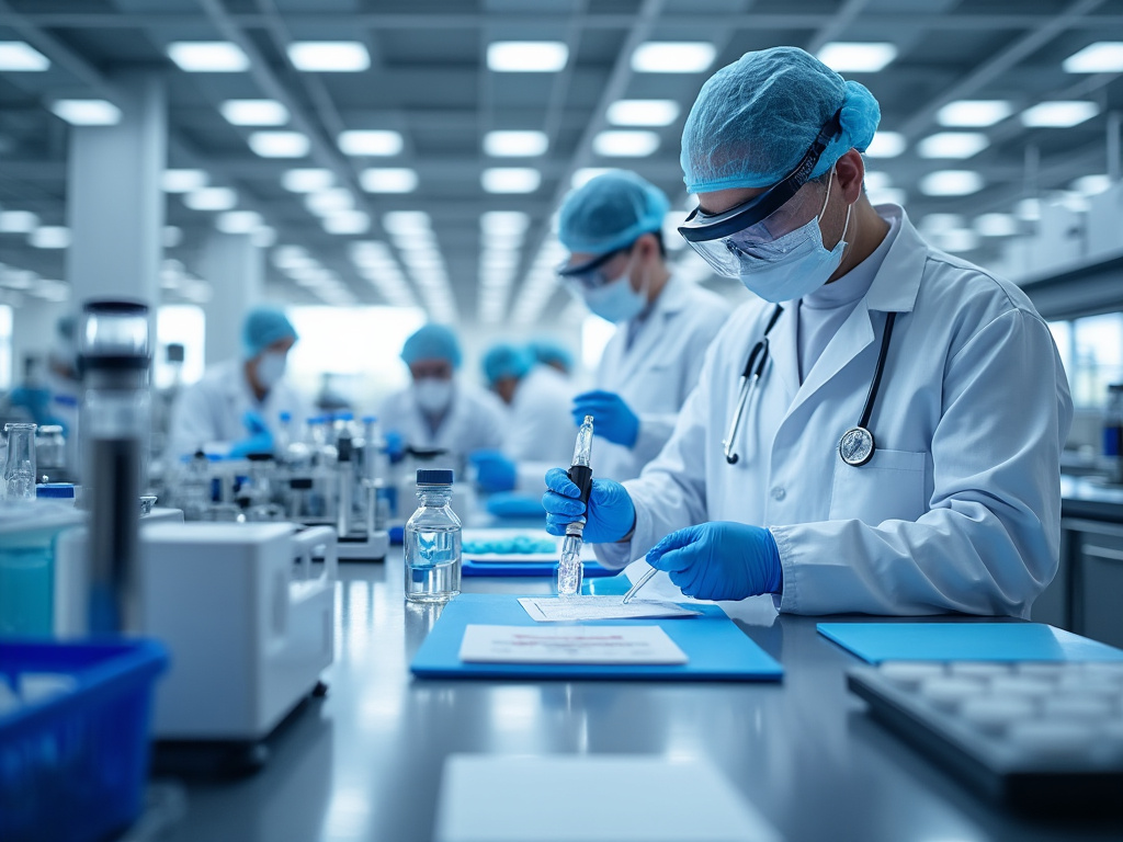 Científicos en un laboratorio usando equipo de protección y realizando experimentos.