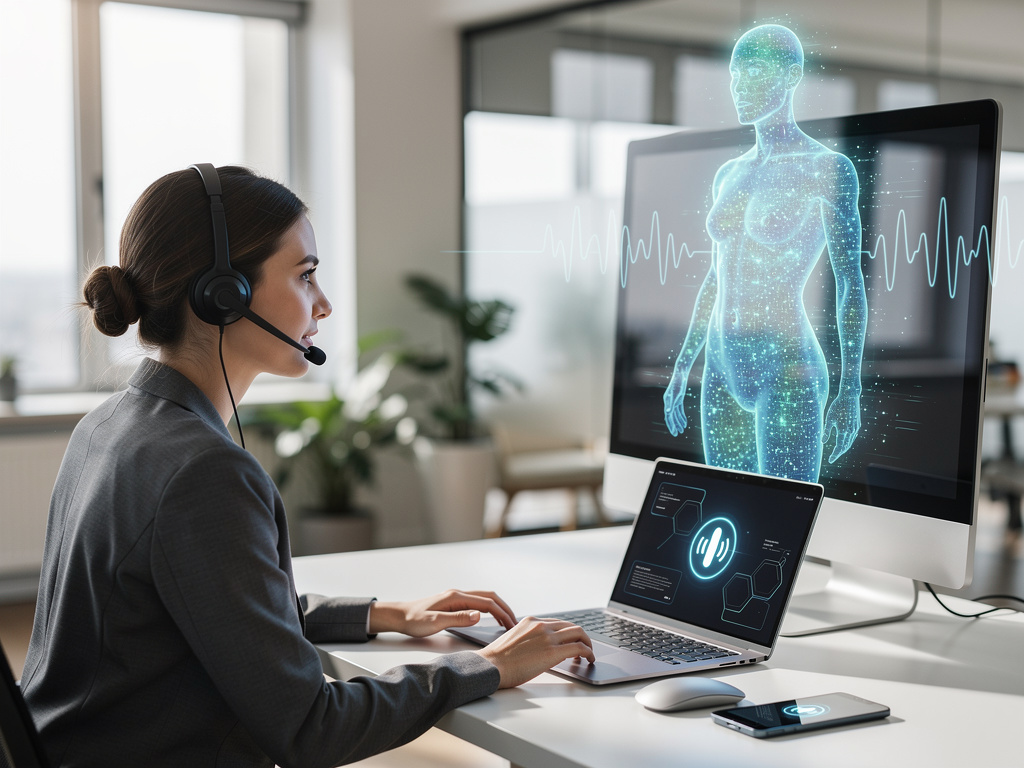 Healthcare support specialist using AI hologram and digital patient monitoring technology on computer