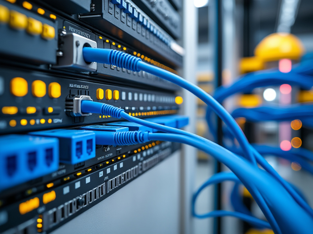 Close-up of a server rack with multiple blue Ethernet cables connected to network switches, indicating data center activity.