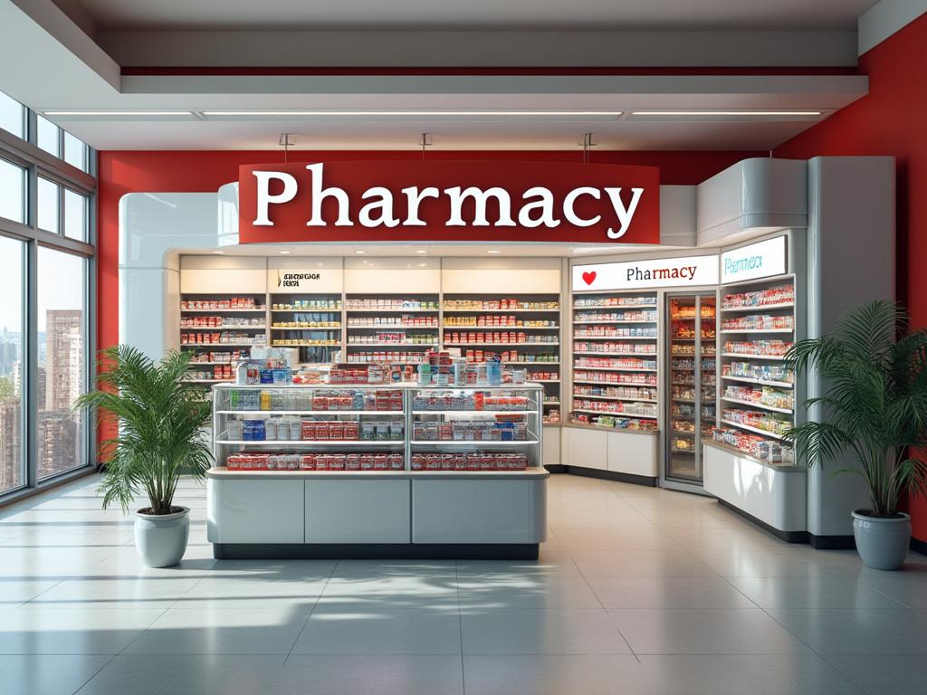 Interior de una farmacia moderna con estantes llenos de medicamentos y productos de salud, destacando un rótulo que dice 'Pharmacy', plantas decorativas y grandes ventanas que permiten la entrada de luz natural.