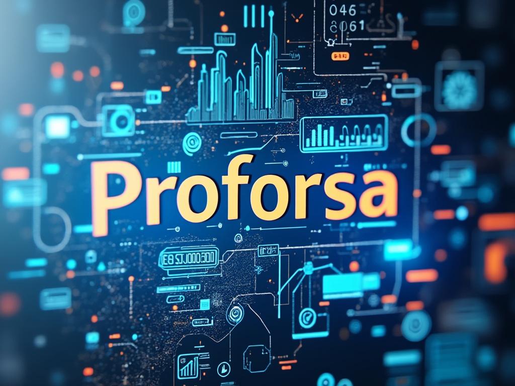 Gráficos de datos digitales y el texto 'Proforsa' en un diseño futurista y tecnológico.