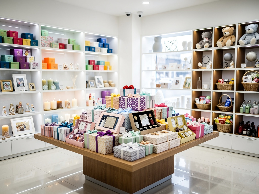 Tienda de regalos elegante con cajas decorativas, velas, peluches y productos de belleza en estanterías iluminadas
