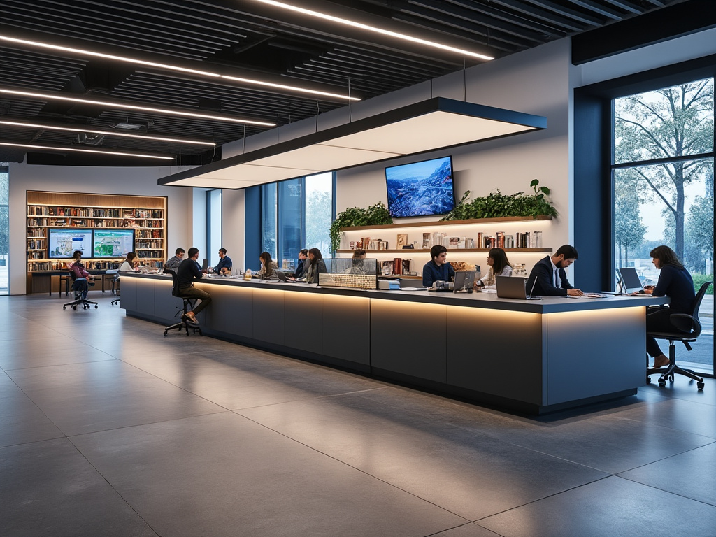 Modern open-plan office with people working at shared desks, bookshelves, and large windows.