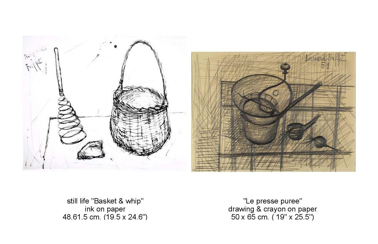 First still rrawing of  a "Basket and Whip" and drawing of La presse puree