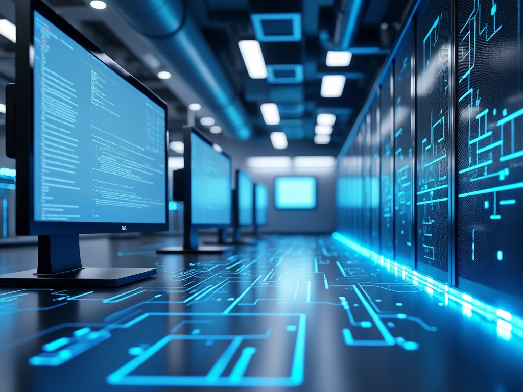 Centro de datos moderno con servidores, monitores con código y circuitos digitales iluminados en azul