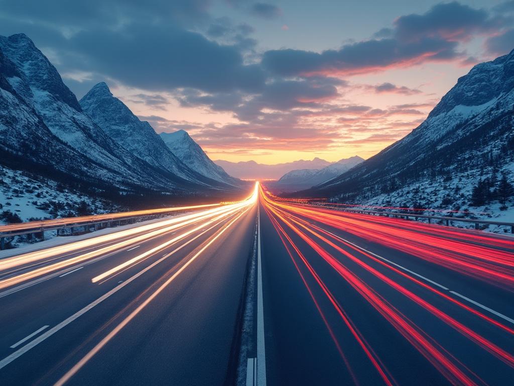 Highway with light trails at sunset, surrounded by snowy mountains and a colorful sky.