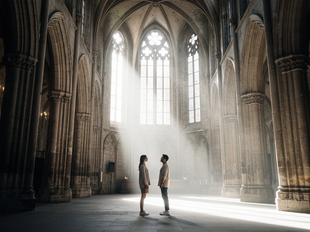 Pareja de pie en una catedral gótica iluminada por rayos de sol y vitrales altos