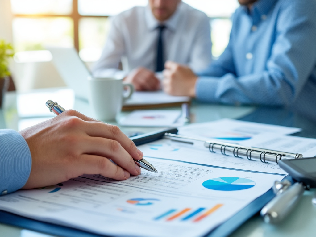 Personas analizando documentos financieros y gráficos en una reunión de negocios.