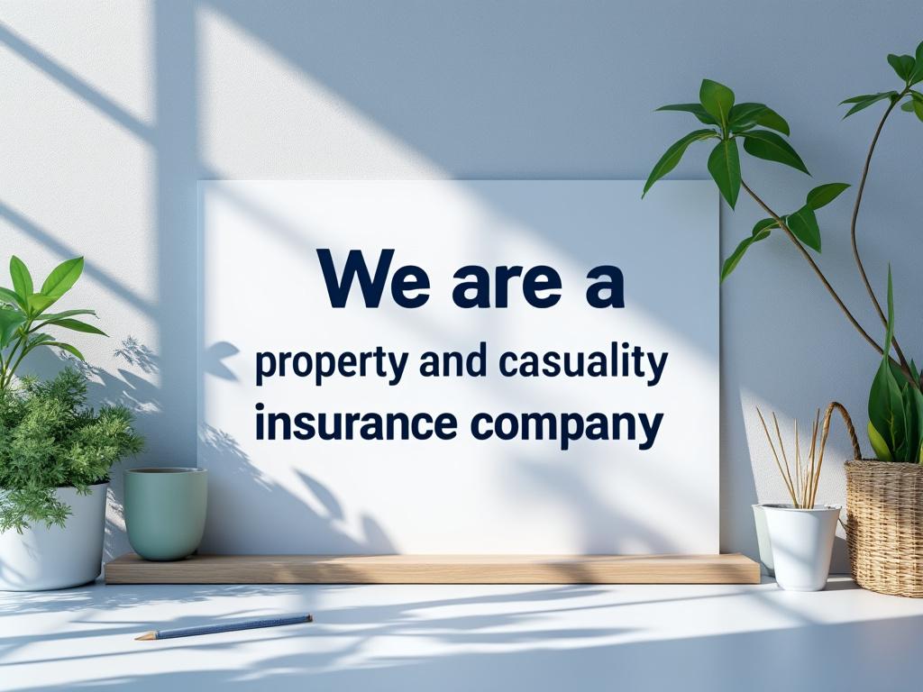 Sign reading 'We are a property and casualty insurance company' surrounded by potted plants on a shelf with natural lighting.