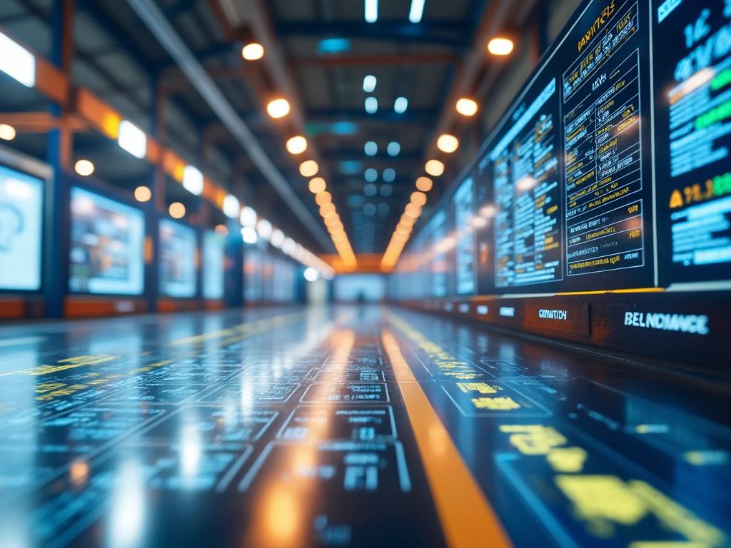 Pantalla de información digital en un entorno moderno con gráficos y texto detallado, iluminación LED.