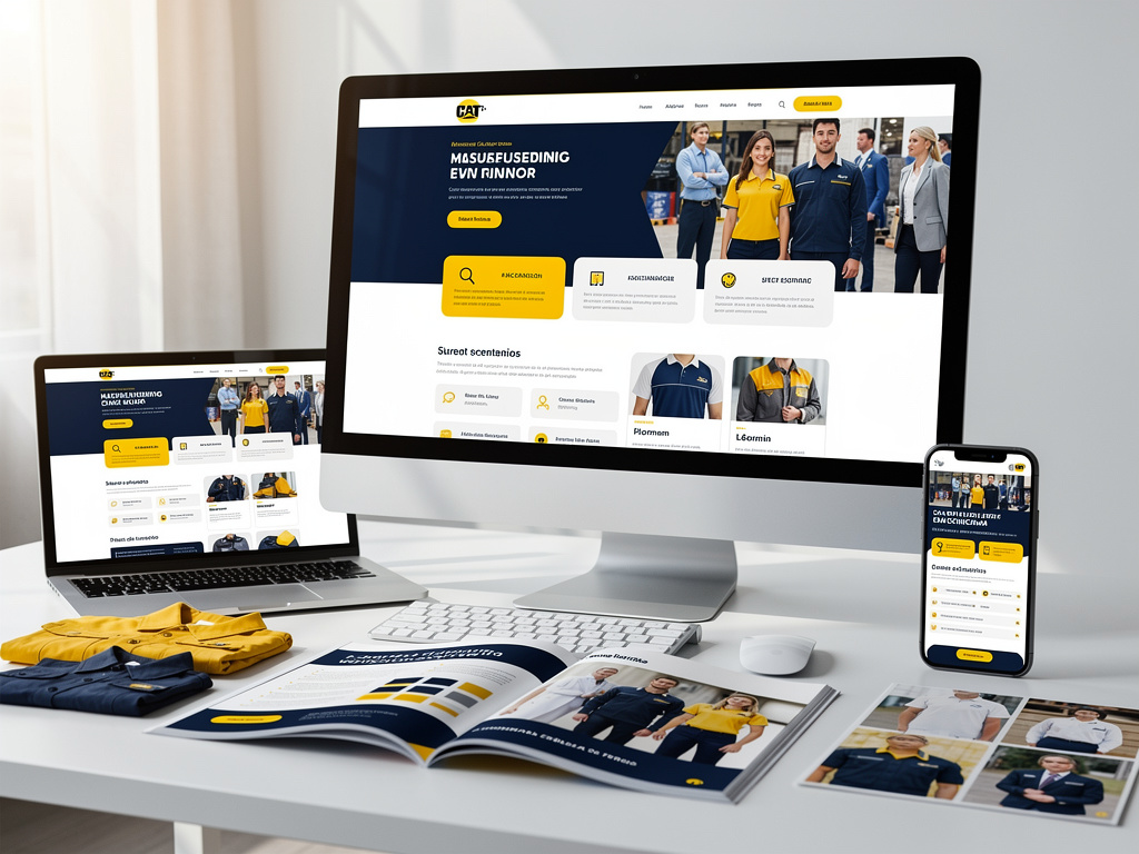 Diseño web responsive para uniformes corporativos CAT mostrado en ordenador, portátil y móvil con catálogo impreso de ropa laboral Diseño web responsive para uniformes corporativos CAT mostrado en ordenador, portátil y móvil con catálogo impreso de ropa laboral
