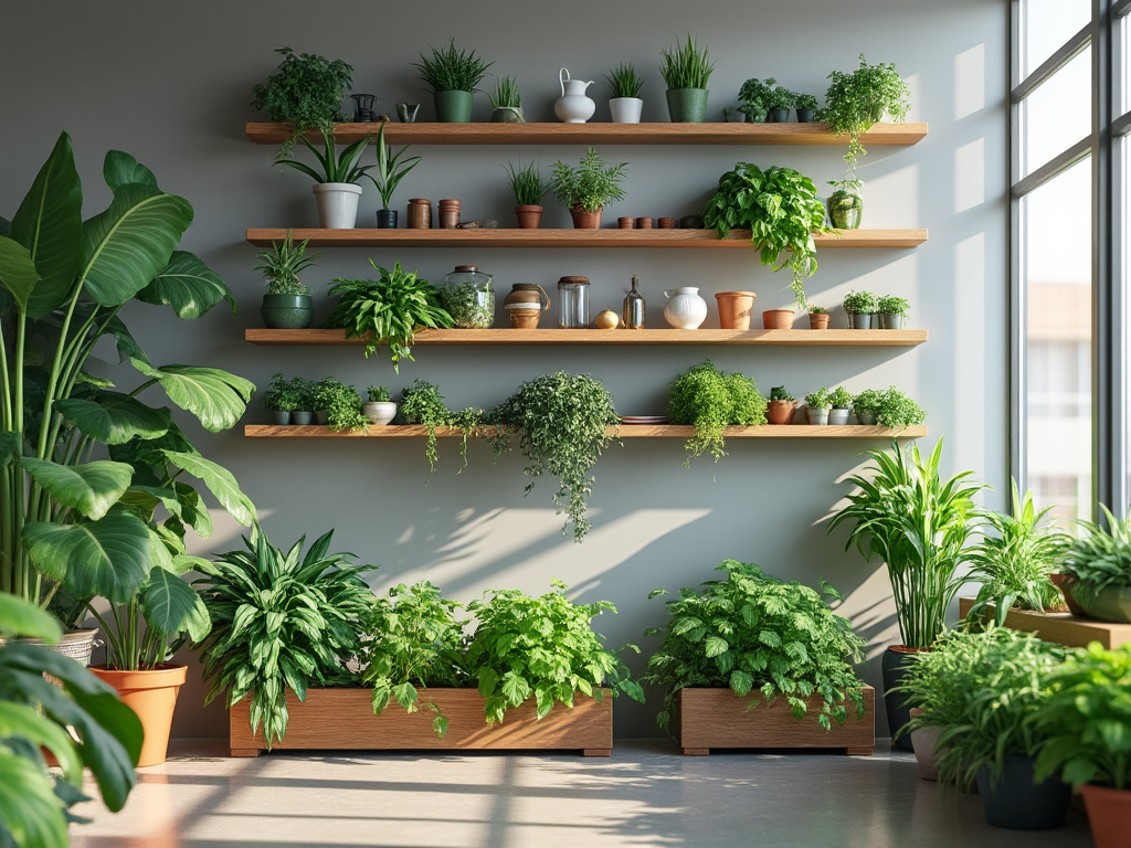 Estanterías de madera con plantas en macetas en una sala luminosa junto a una ventana grande, decorando el espacio interior.