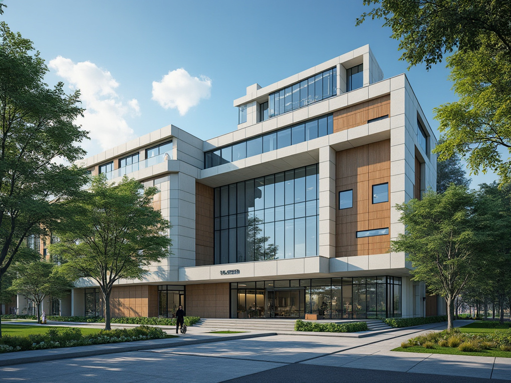 Edificio moderno con fachada de vidrio y madera rodeado de árboles en un día soleado.