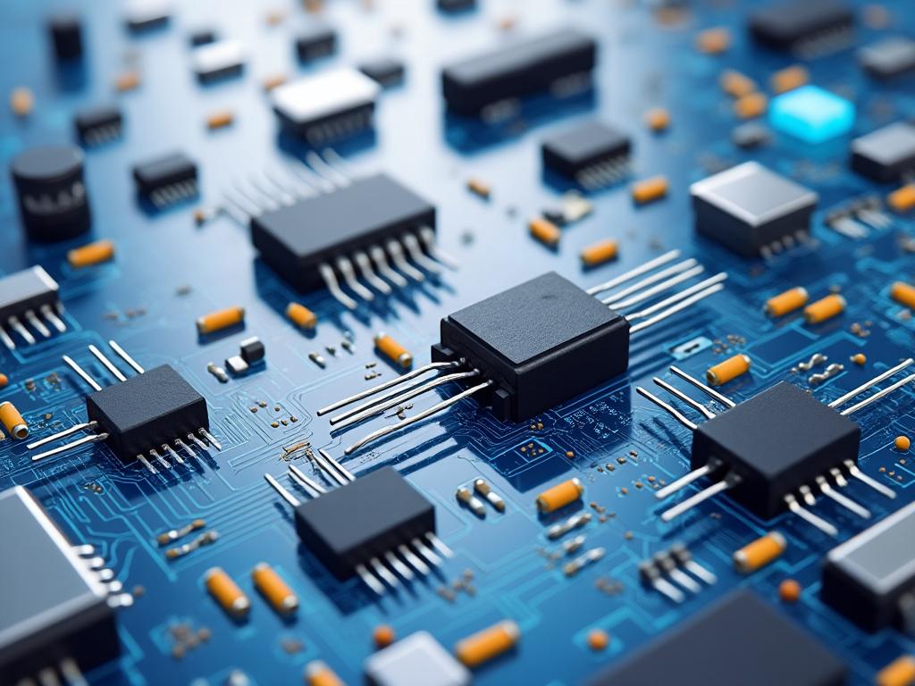 Placa de circuito azul con varios microchips y componentes electrónicos.