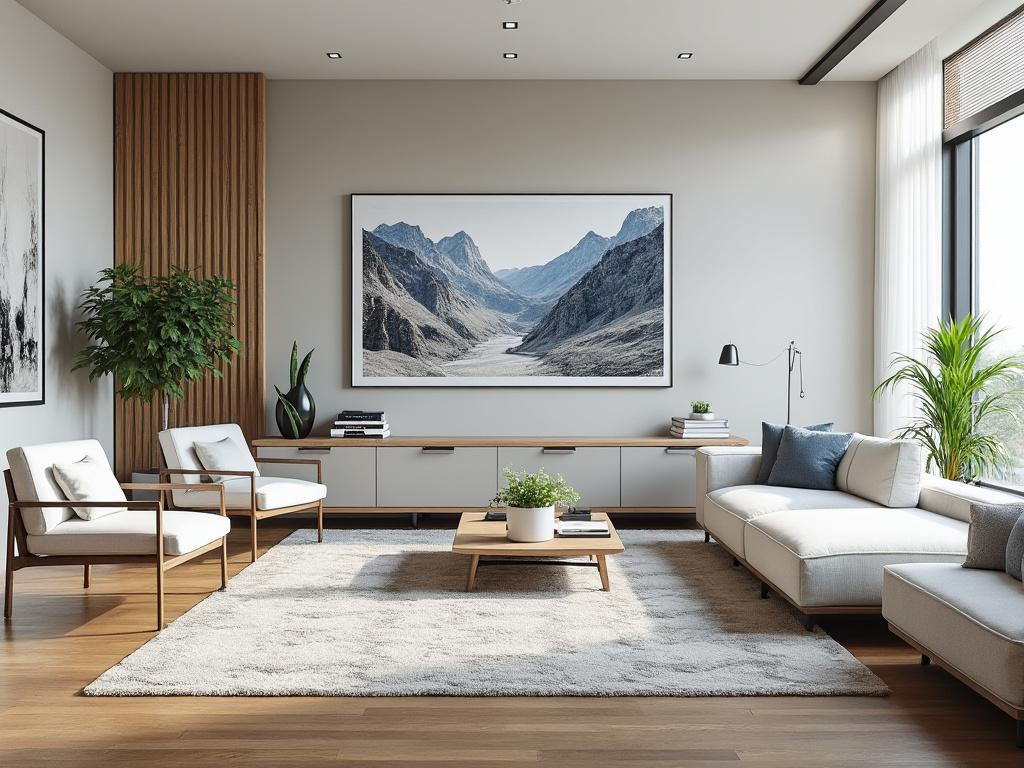 Sala de estar moderna con muebles blancos, mesa de centro de madera, plantas decorativas y gran ventana. Sala de estar moderna con muebles blancos, mesa de centro de madera, plantas decorativas y gran ventana.